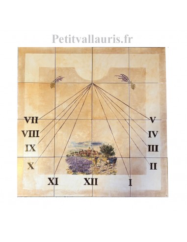 Cadran solaire décoratif sur carreaux en grès 80x80 cm fond pierre avec paysage lavande