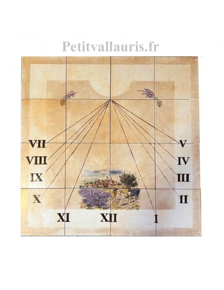 Cadran solaire décoratif sur carreaux en grès 80x80 cm fond pierre avec paysage lavande