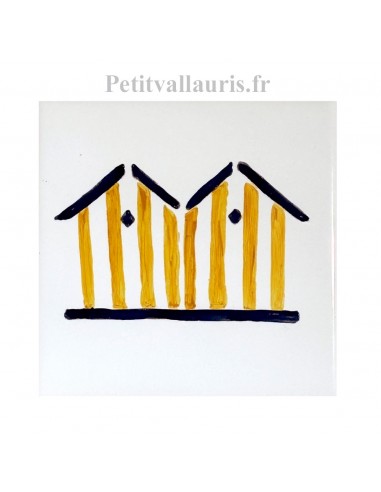 Carrelage blanc brillant collection Littoral jaune et bleu avec motif cabine de bain