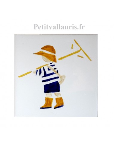 Carrelage blanc brillant collection Littoral jaune et bleu avec motif ramasseur de sel (vers la gauche)