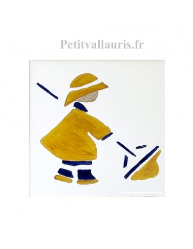 Carrelage blanc brillant collection Littoral jaune et bleu avec motif ramasseur de sel (vers la droite)