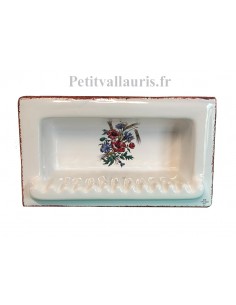 Porte savon en faïence modèle rectangle à encastrer blanc brillant motif coquelicots et champêtre