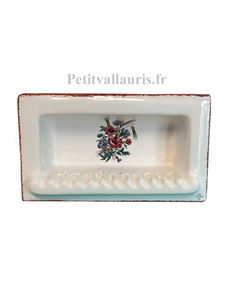 Porte savon en faïence modèle rectangle à encastrer blanc brillant motif coquelicots et champêtre