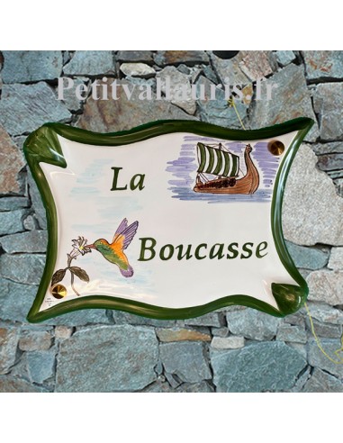 Plaque extérieure en céramique modèle parchemin motif Drakkar Viking et Colibri avec personnalisation