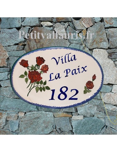 Plaque en céramique émaillée pour maison de forme ovale décor artisanal les roses rouges +personnalisation