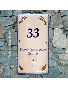 Plaque de Maison en céramique émaillée décor brins de lavandes et mimosas aux angles pose verticale
