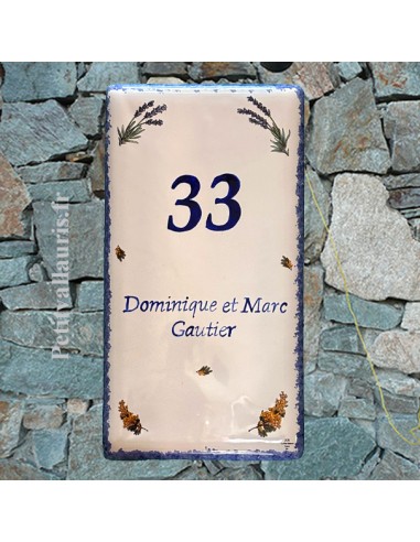 Plaque de Maison en céramique émaillée décor brins de lavandes et mimosas aux angles pose verticale
