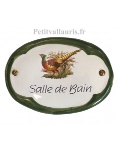 Plaque de porte en faïence blanche ovale collection environnement motif le Faisan avec inscription au choix
