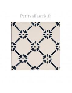 Carrelage mural en faïence blanc brillant motifs fleurs bleues marine