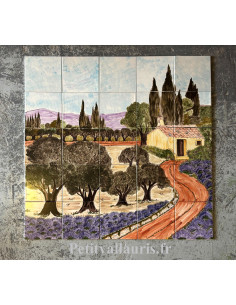 Fresque murale sur carreaux de faïence décor artisanal modèle Cabanon et Campagne Provençale 100x100