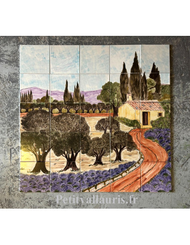 Fresque murale sur carreaux de faïence décor artisanal modèle Cabanon et Campagne Provençale 100x100