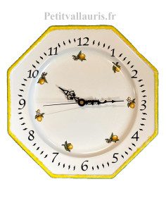 Horloge-pendule octogonale murale en faïence blanche décor les citrons