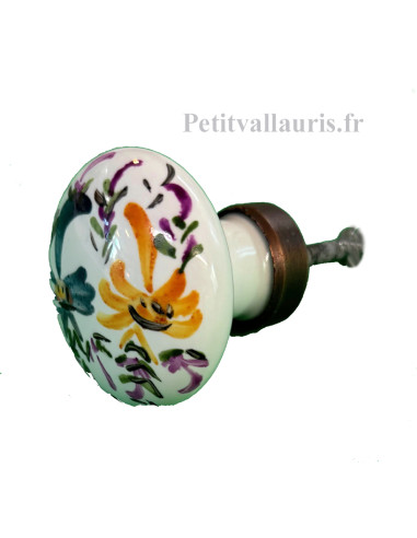 Gros bouton de placard rond en porcelaine blanche motif artisanal fleurs coloris jaune et bleue (diamètre 50 mm)