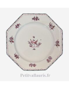 Assiette à dessert en faïence blanche modèle octogonale décor oiseau (1973) camaïeux de rose