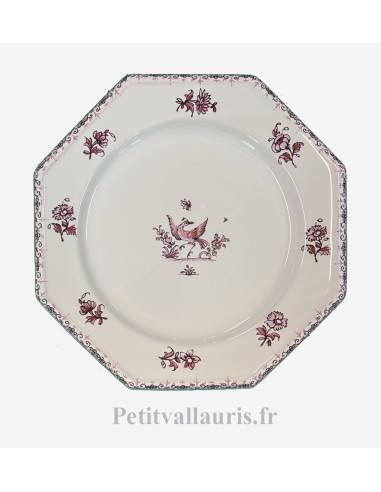 Assiette à dessert en faïence blanche modèle octogonale décor oiseau (1973) camaïeux de rose