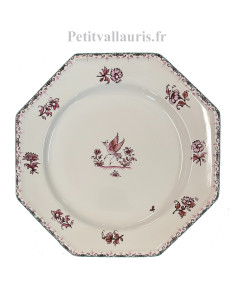 Assiette à dessert en faïence blanche modèle octogonale décor oiseau (1976) camaïeux de rose