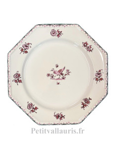 Assiette à dessert en faïence blanche modèle octogonale décor oiseau (5832) camaïeux de rose