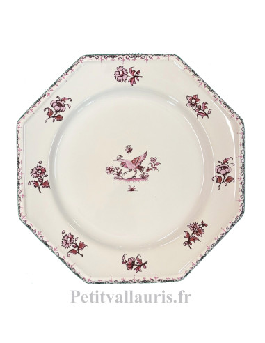 Assiette à dessert en faïence blanche modèle octogonale décor oiseau (5832) camaïeux de rose