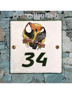 Grande plaque de maison en céramique modèle carrée motif le couple de Toucan + inscription personnalisée