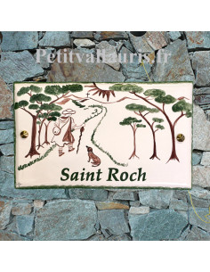Grande plaque en céramique émaillée forme rectangle motif artisanal décor Saint Roch + personnalisation