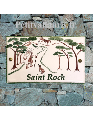 Grande plaque en céramique émaillée forme rectangle motif artisanal décor Saint Roch + personnalisation
