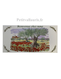 Fresque sur grand carreau rectangulaire en faience décor Champs de coquelicots et oliviers sur fond blanc brillant