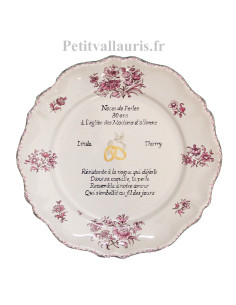 Assiette souvenir 30 ans de mariage modèle Louis XV décor rose Poème Noces de perle