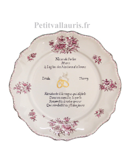 Assiette souvenir 30 ans de mariage modèle Louis XV décor rose Poème Noces de perle