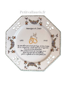 Grande assiette de Mariage modèle octogonale décor fleurs tradition avec poème noces de diamant 6 lignes