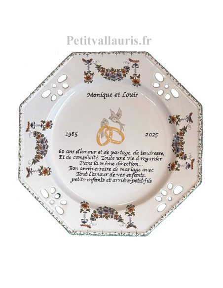 Grande assiette de Mariage modèle octogonale décor fleurs tradition avec poème noces de diamant 6 lignes