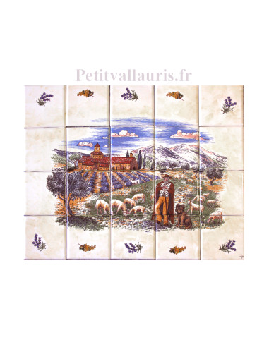 Fresque sur carreaux de faïence blanc cassé avec paysage Berger + monastère haute Provence + flore méditerranéenne 40x50