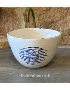 Mini Vasque bol ronde en faïence blanche collection Marine décor les Mouettes
