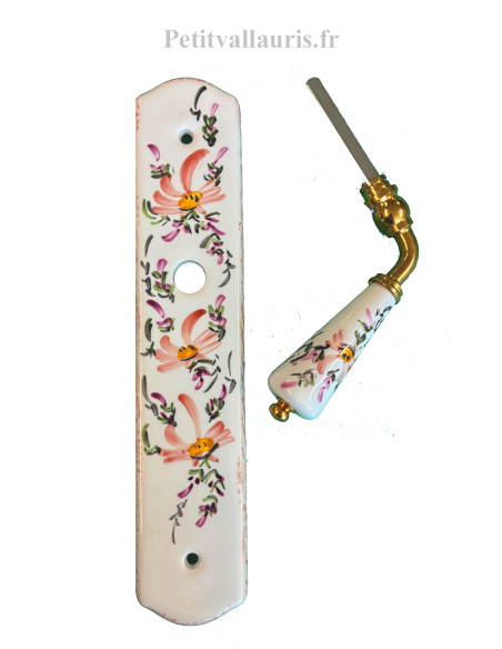Plaque de propreté avec poignée en porcelaine blanche modèle sans orifice clé motif artisanal fleurs beige-saumon