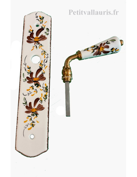 Plaque de propreté avec poignée en porcelaine blanche modèle sans orifice clé motif artisanal fleurs marron