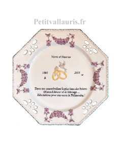 Grande assiette de Mariage modèle octogonale personnalisée décor fleurs tradition rose + Poème noces de Palissandre