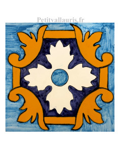 Frise murale en carreau de faience 15x15 pour façade motif arabesques turquoise, bleue et jaune