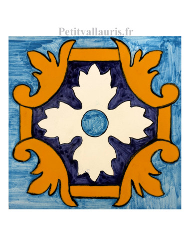 Frise murale en carreau de faience 15x15 pour façade motif arabesques turquoise, bleue et jaune Frise murale en carreau de faience 15x15 pour façade motif arabesques turquoise, bleue et jaune