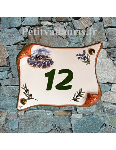 Plaque de Maison en faience modèle parchemin décor champs et brins de lavandes + olives + inscription personnalisée et bord ocre