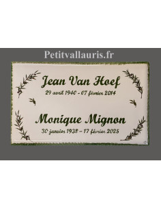 Plaque funéraire en céramique modèle rectangulaire à fixer motifs brins d'olives aux angles + inscription personnalisée