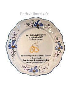 Assiette anniversaire de mariage souvenir noces de Porcelaine personnalisable modèle Louis XV décor fleurs bleues