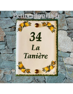 plaque de maison céramique 15x20 cm motifs les citrons inscription personnalisée verte