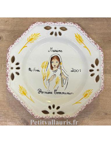Assiette octogonale ajourée personnalisée pour souvenir de communion solennelle