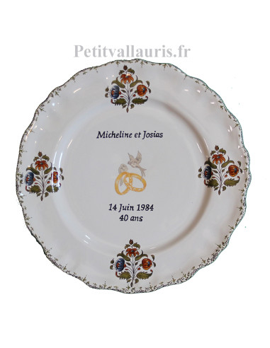 Petite assiette cadeau et souvenir de mariage modèle Louis XV personnalisable motif fleurs polychrome