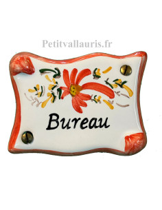 Plaque de porte modèle parchemin décor tradition fleurs et bord orange inscription Bureau