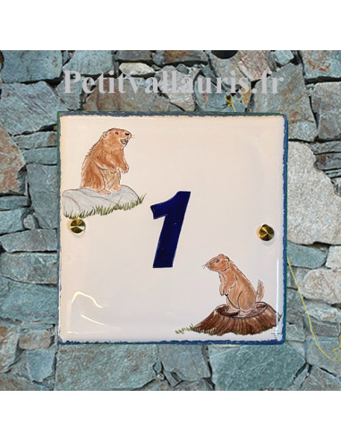 Grande plaque de maison en céramique modèle carrée avec motif artisanal les marmottes + personnalisation