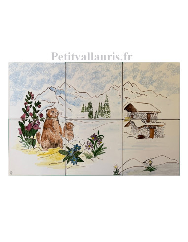 Fresque murale sur carreaux de faïence décor artisanal paysage montagne en hivers avec marmottes 45x30