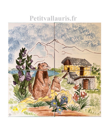 Fresque murale sur carreaux de faïence décor artisanal paysage montagne en été avec marmottes 30x30