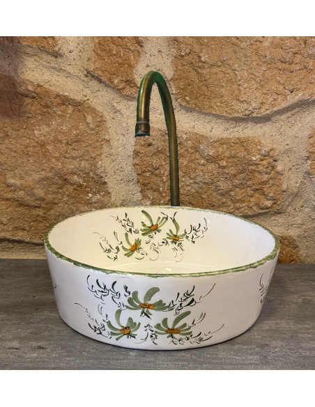 Petite vasque ronde à poser en faïence blanche au décor artisanal fleurs vertes