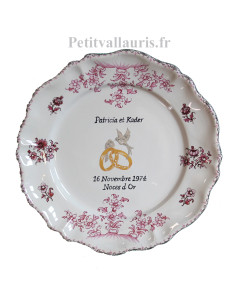 Assiette souvenir et cadeau de mariage modèle Louis XV motif reproduction fleurs tradition rose