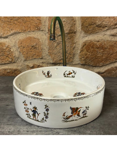 Vasque ronde à poser en porcelaine blanche reproduction décor tradition vieux moustiers polychrome